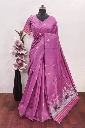 pink linen jacquard work saree with unstitched blouse piece