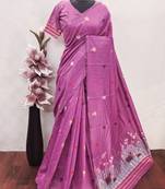 pink linen jacquard work saree with unstitched blouse piece