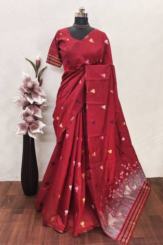 red linen jacquard work saree with unstitched blouse piece