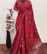 red linen jacquard work saree with unstitched blouse piece