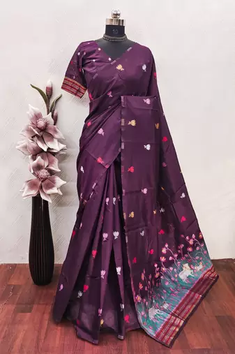 wine linen jacquard work saree with unstitched blouse piece