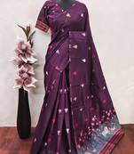 wine linen jacquard work saree with unstitched blouse piece