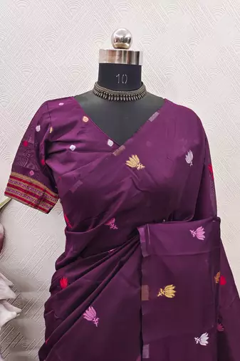 wine linen jacquard work saree with unstitched blouse piece