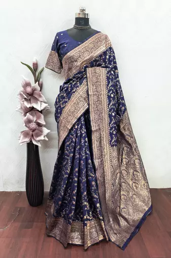 blue art silk blend banarasi jacquard work saree with unstitched blouse piece