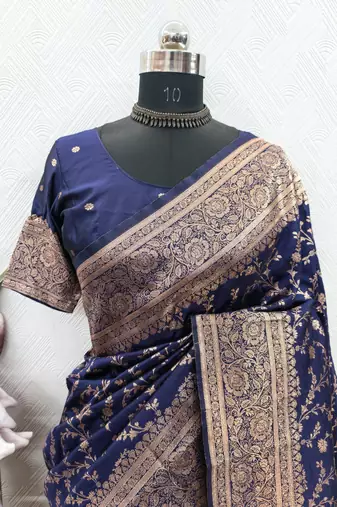 blue art silk blend banarasi jacquard work saree with unstitched blouse piece