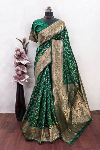 green art silk blend banarasi jacquard work saree with unstitched blouse piece