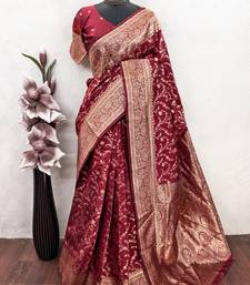 red art silk blend banarasi jacquard work saree with unstitched blouse piece