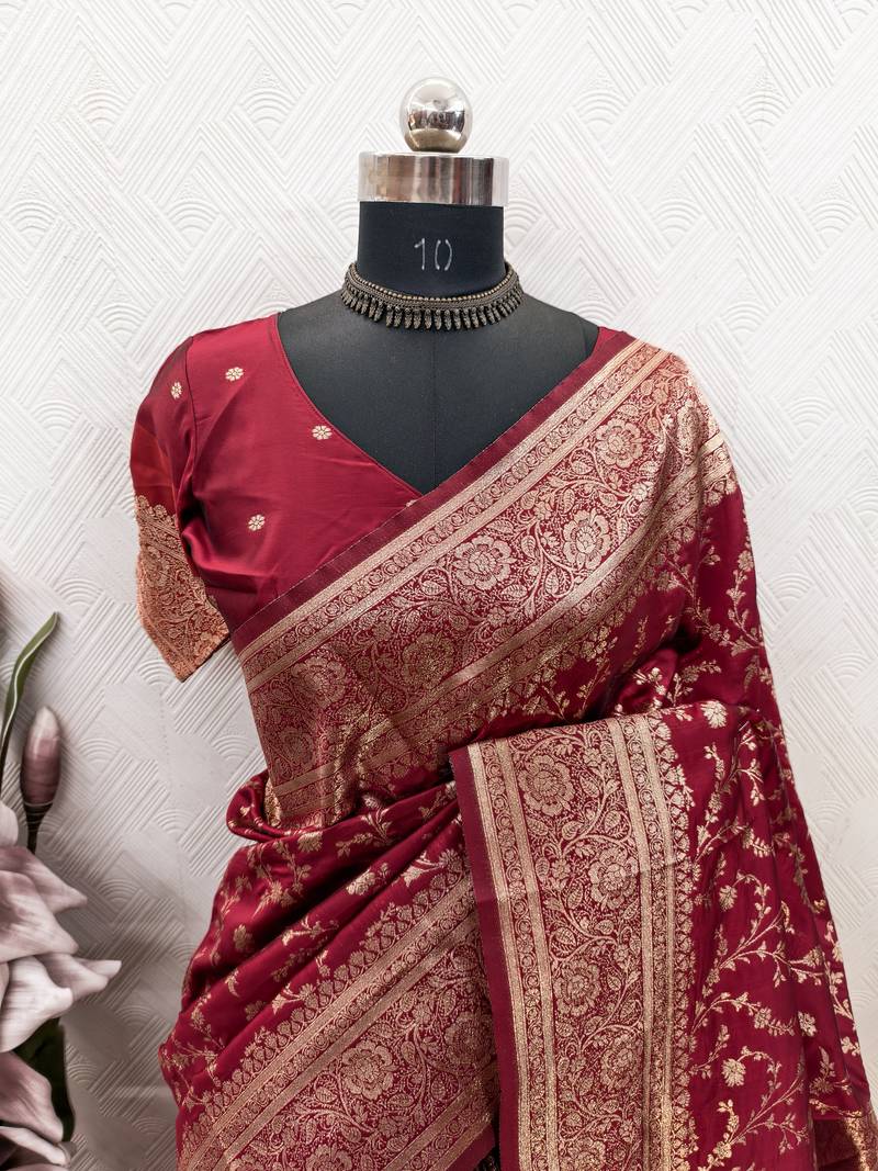 red art silk blend banarasi jacquard work saree with unstitched blouse piece