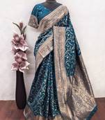 turuoise art silk blend banarasi jacquard work saree with unstitched blouse piece