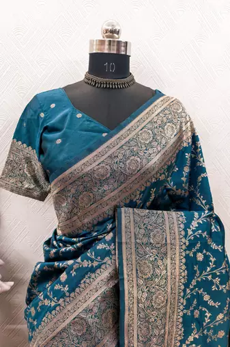 turuoise art silk blend banarasi jacquard work saree with unstitched blouse piece