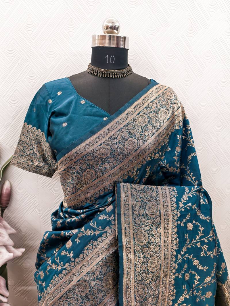 turuoise art silk blend banarasi jacquard work saree with unstitched blouse piece