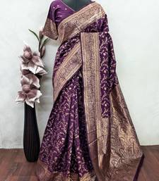 wine art silk blend banarasi jacquard work saree with unstitched blouse piece