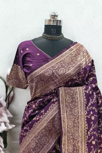 wine art silk blend banarasi jacquard work saree with unstitched blouse piece