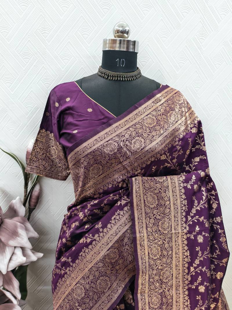 wine art silk blend banarasi jacquard work saree with unstitched blouse piece
