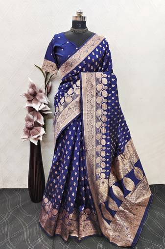blue art silk blend banarasi jacquard work saree with unstitched blouse piece