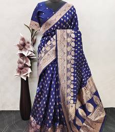 blue art silk blend banarasi jacquard work saree with unstitched blouse piece