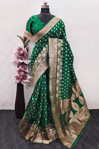 green art silk blend banarasi jacquard work saree with unstitched blouse piece