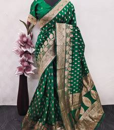 green art silk blend banarasi jacquard work saree with unstitched blouse piece