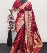 red art silk blend banarasi jacquard work saree with unstitched blouse piece