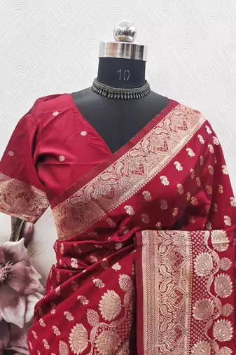 red art silk blend banarasi jacquard work saree with unstitched blouse piece