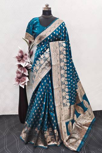 turquoise art silk blend banarasi jacquard work saree with unstitched blouse piece