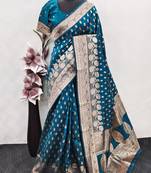 turquoise art silk blend banarasi jacquard work saree with unstitched blouse piece