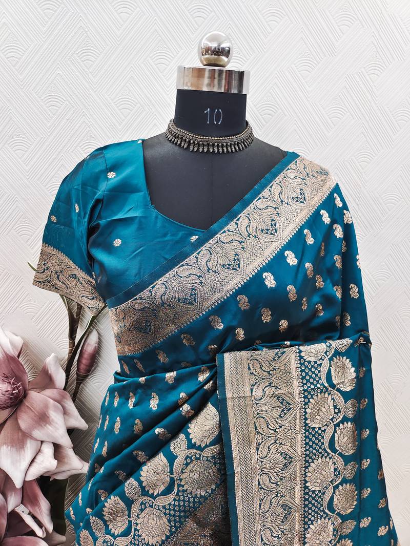 turquoise art silk blend banarasi jacquard work saree with unstitched blouse piece