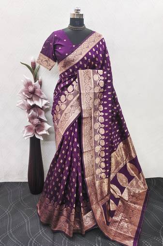 wine art silk blend banarasi jacquard work saree with unstitched blouse piece