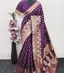 wine art silk blend banarasi jacquard work saree with unstitched blouse piece