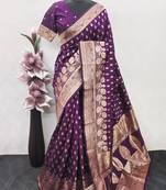 wine art silk blend banarasi jacquard work saree with unstitched blouse piece