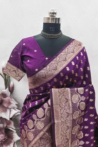 wine art silk blend banarasi jacquard work saree with unstitched blouse piece