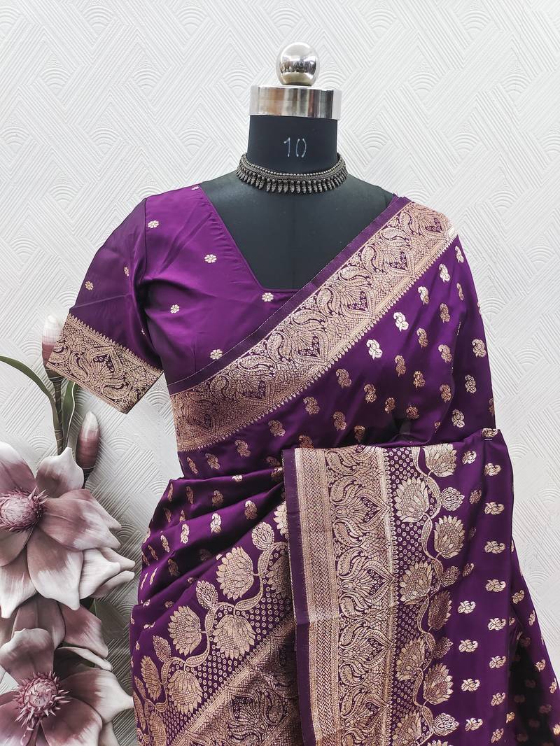 wine art silk blend banarasi jacquard work saree with unstitched blouse piece