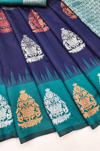 blue rama art silk blend banarasi jacquard work saree with unstitched blouse piece
