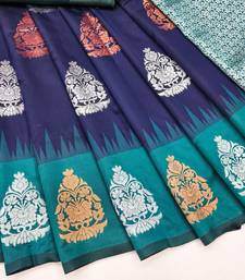 blue rama art silk blend banarasi jacquard work saree with unstitched blouse piece