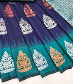 blue rama art silk blend banarasi jacquard work saree with unstitched blouse piece