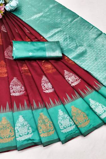 rama red art silk blend banarasi jacquard work saree with unstitched blouse piece