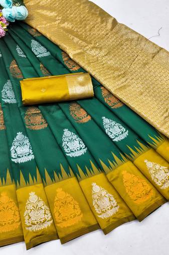yellow green art silk blend banarasi jacquard work saree with unstitched blouse piece