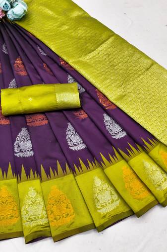 yellow wine art silk blend banarasi jacquard work saree with unstitched blouse piece