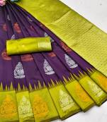 yellow wine art silk blend banarasi jacquard work saree with unstitched blouse piece