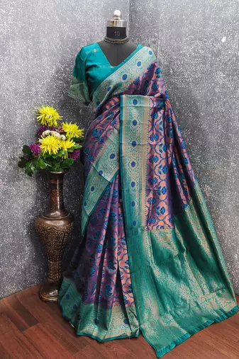 turquoise art silk blend banarasi jacquard work saree with unstitched blouse piece