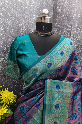 turquoise art silk blend banarasi jacquard work saree with unstitched blouse piece