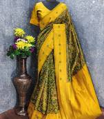 green mustard art silk blend banarasi jacquard work saree with unstitched blouse piece