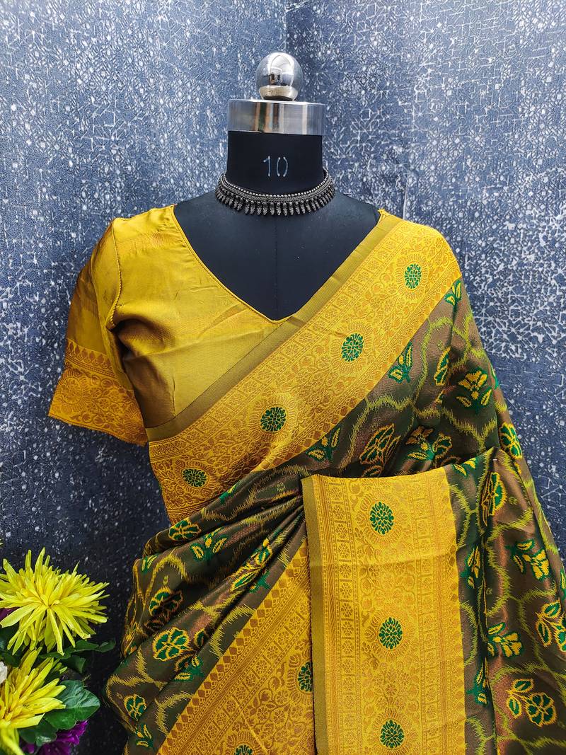green mustard art silk blend banarasi jacquard work saree with unstitched blouse piece