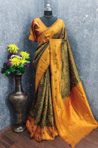 green orange art silk blend banarasi jacquard work saree with unstitched blouse piece