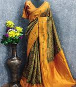 green orange art silk blend banarasi jacquard work saree with unstitched blouse piece