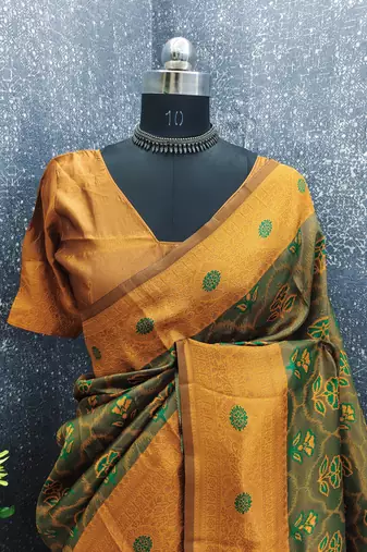 green orange art silk blend banarasi jacquard work saree with unstitched blouse piece