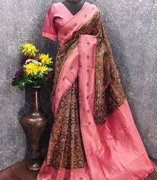 green pink art silk blend banarasi jacquard work saree with unstitched blouse piece