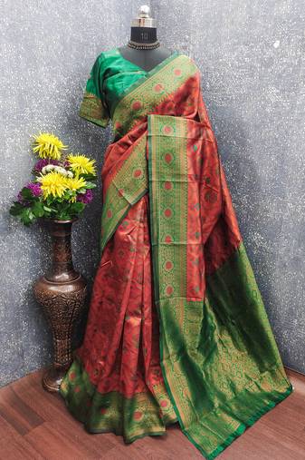 orange green art silk blend banarasi jacquard work saree with unstitched blouse piece