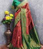 orange green art silk blend banarasi jacquard work saree with unstitched blouse piece