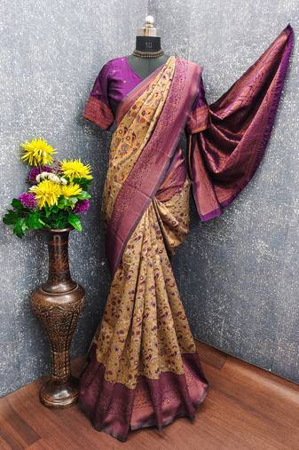 beige wine art silk blend banarasi jacquard work saree with unstitched blouse piece